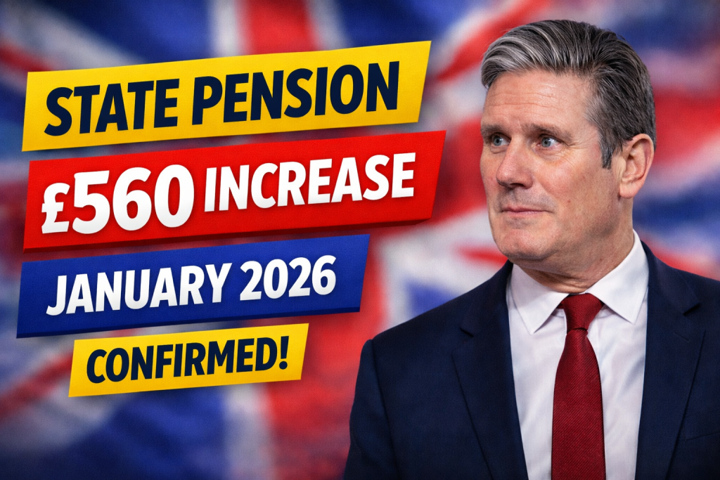 Sir Keir Starmer with a blurred UK flag background highlighting the £560 State Pension boost confirmed for January 2026.