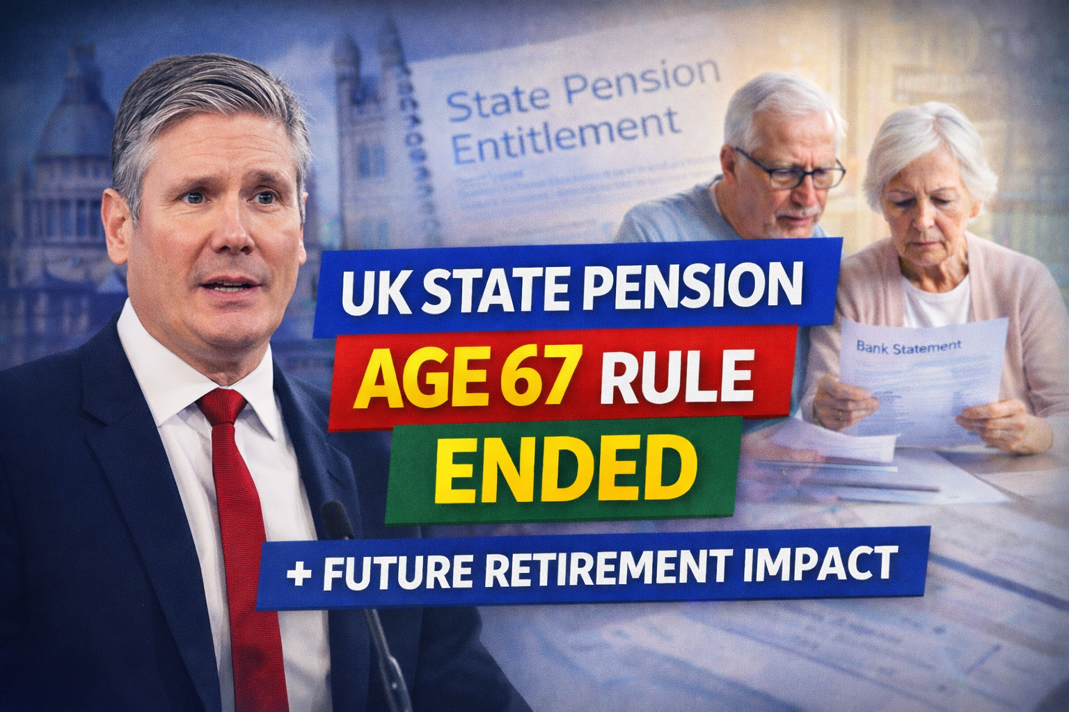Sir Keir Starmer with UK pension imagery highlighting the end of the State Pension age 67 rule and its impact on future retirees.