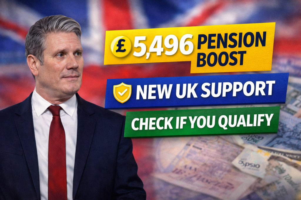“UK Government extra pension support — image with Sir Keir Starmer against a blurred Union Jack and bold text blocks reading ‘£5,496 Pension Boost 2026’, ‘New Support for Pensioners’, ‘Apply Now’.”