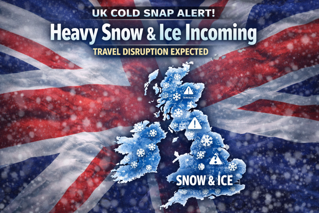 UK map over Union Jack flag showing snow and ice warnings during the New Year cold snap across Britain