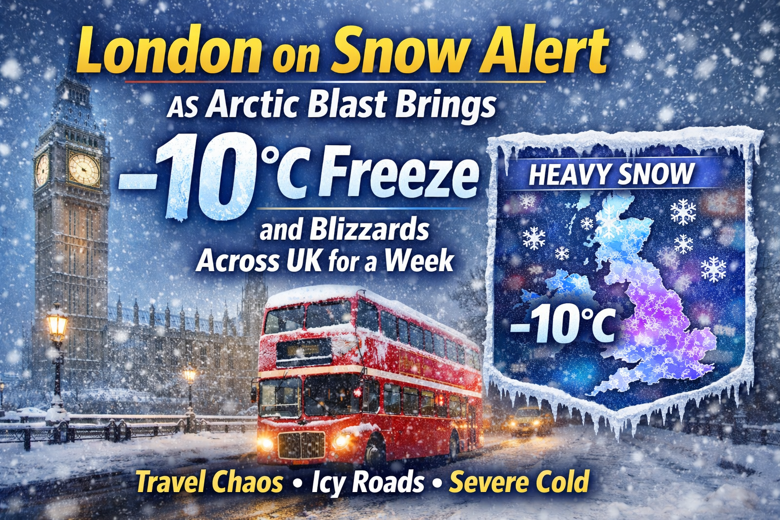 London under snow warning as Arctic blast brings freezing temperatures and blizzards across the UK