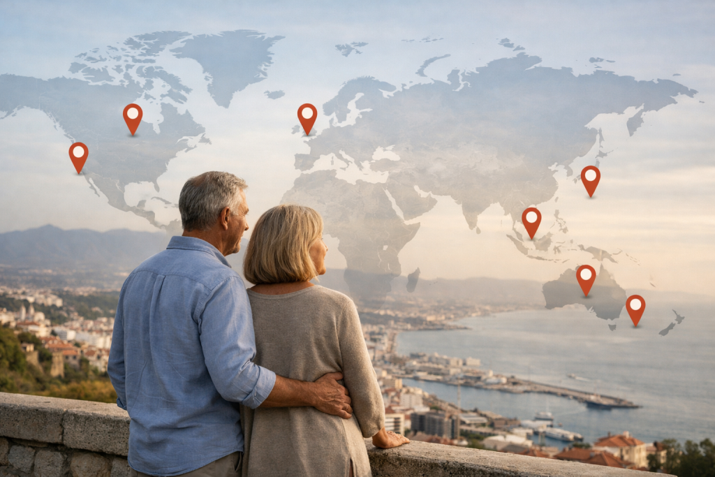 Retired couple overlooking a coastal city with a world map highlighting the best countries to retire in 2026, including Portugal, Mexico, Thailand, Australia, Canada, and the UK