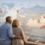Retired couple overlooking a coastal city with a world map highlighting the best countries to retire in 2026, including Portugal, Mexico, Thailand, Australia, Canada, and the UK