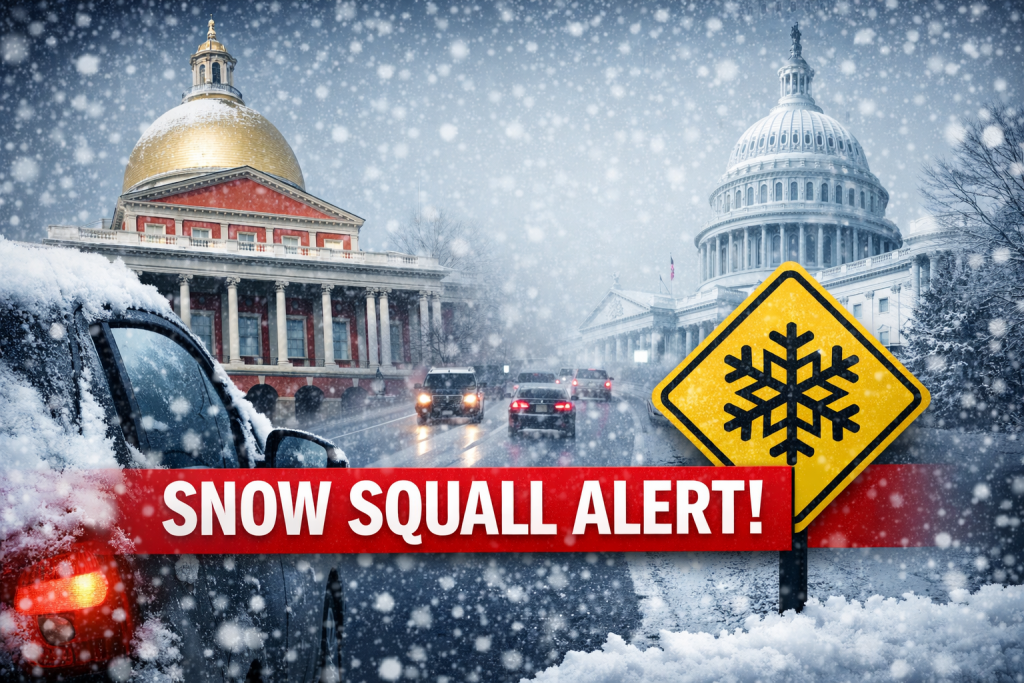 Snow squall warning causes low visibility and dangerous driving conditions from Massachusetts to the DMV region