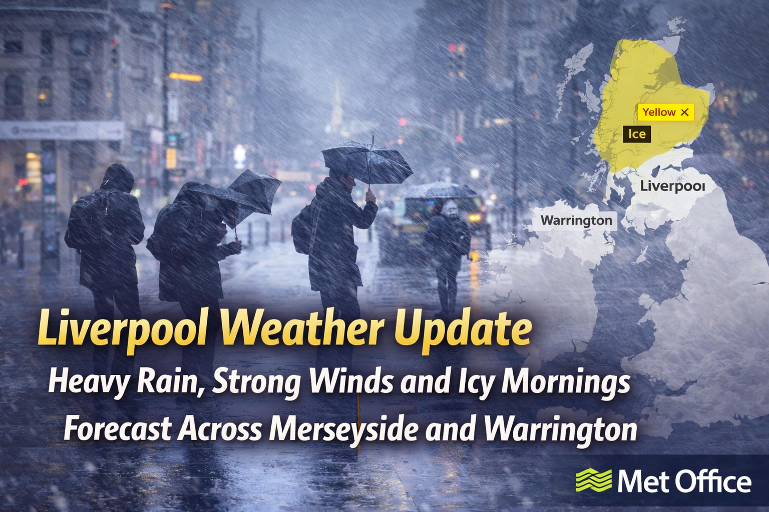 Heavy rain and strong winds hit Liverpool and Warrington as icy weather conditions develop