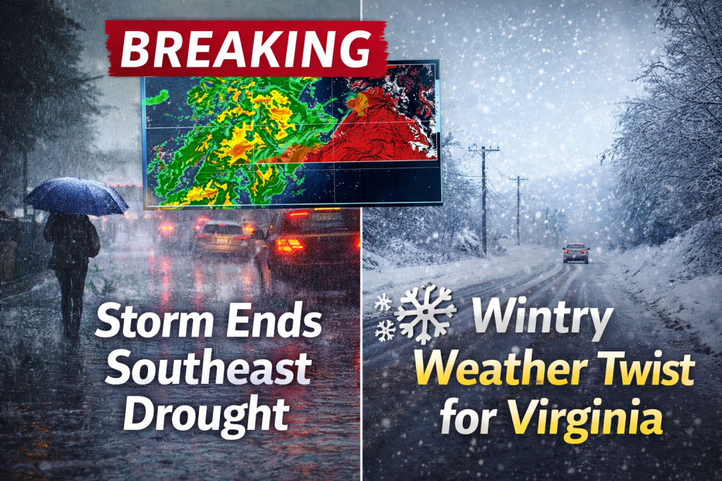 Heavy rain brings drought relief to the Southeast US as snow and ice affect parts of Virginia