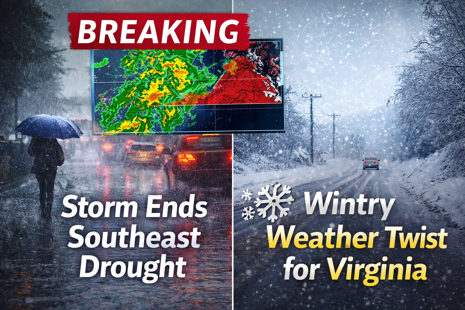 Heavy rain brings drought relief to the Southeast US as snow and ice affect parts of Virginia